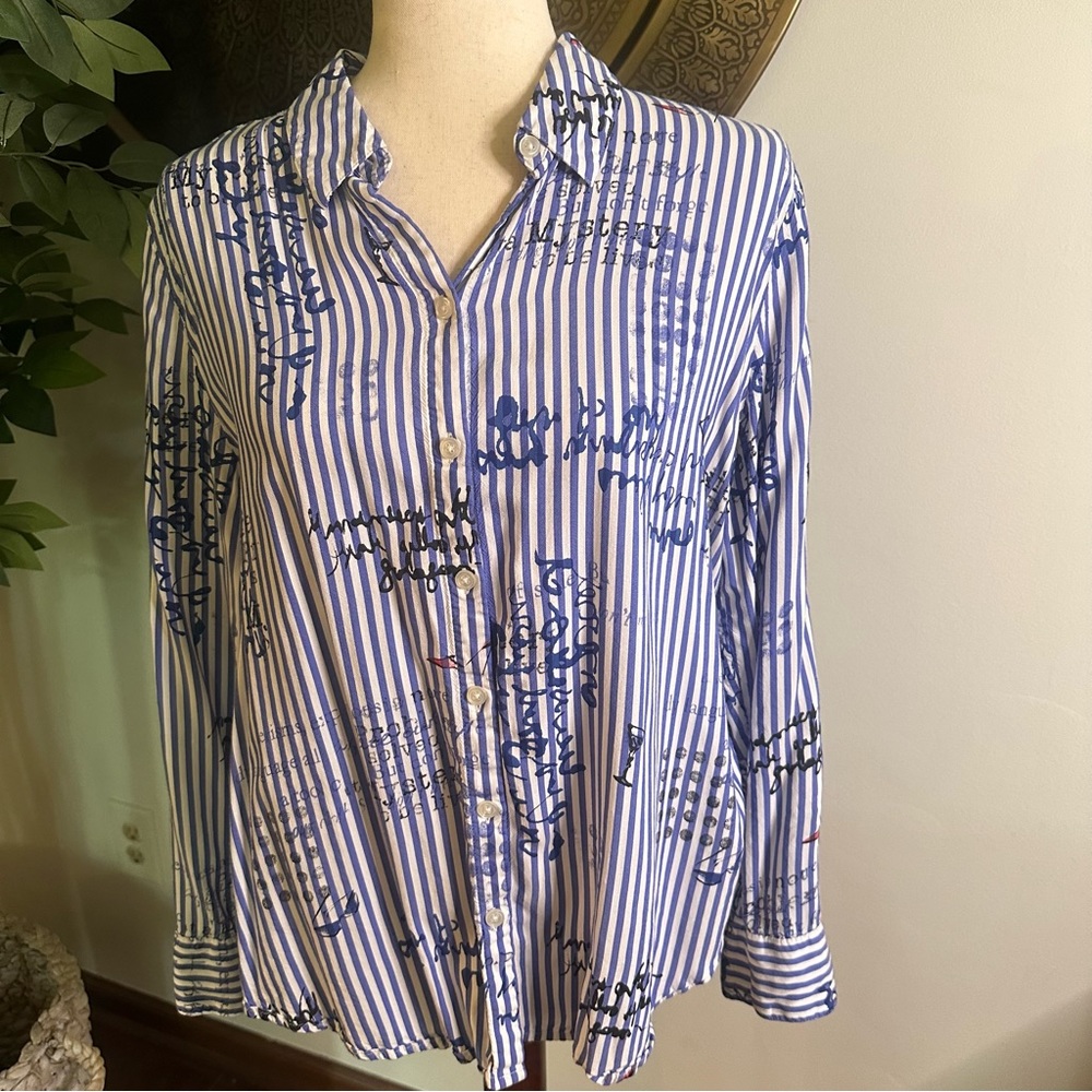 Chico's Striped Long Sleeve Collard Blouse - Chicos Size 2 Large